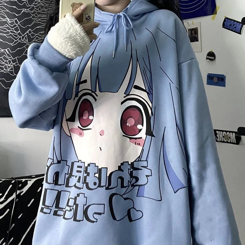 QWEEK Goth Harajuku Hoodie Punk Anime Oversized Sweatshirt Graffiti Hoodies Women Cartoon Print Hoodie 2021 Streetwear Women - reetell