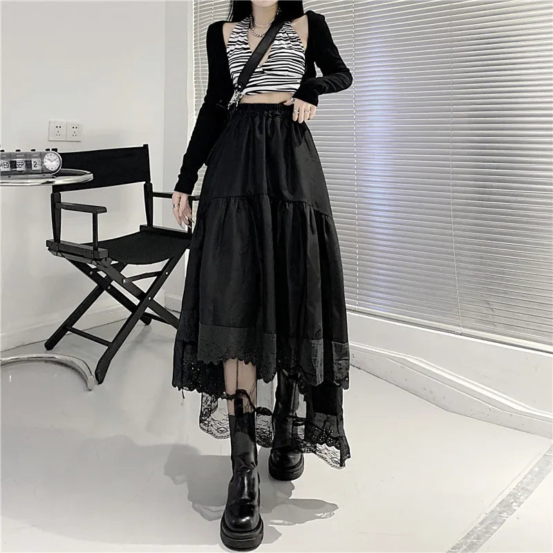 Y2k Gothic Tulle Pleated Skirt Black Lace Stitching Irregular Midi Skirt Women Vintage High Waist Long Skirt Korea Solid Hip Hop - reetell