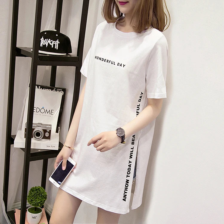 WONDERFUL DAY Print Long T shirts Summer Women Loose Slit Femme Tops Cotton Tshirt Short sleeve Ladies t-shirt - reetell