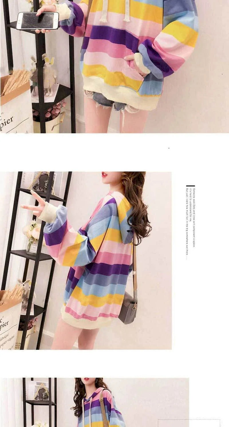 Womens Hoodies Rainbow Striped Long-sleeved T-shirt Spring Autumn New Loose Thin Casual Oversized Hooded Sweatshirt Women Tops - reetell