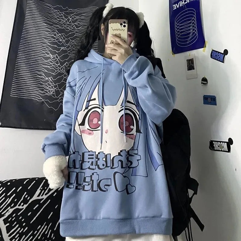 QWEEK Goth Harajuku Hoodie Punk Anime Oversized Sweatshirt Graffiti Hoodies Women Cartoon Print Hoodie 2021 Streetwear Women - reetell