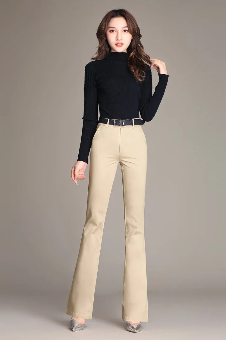 YUEY New Womens Spring Summer Trousers  Thin 100% Cotton Flared Pants Solid Color Casual Stretch S To 4XL Dropshiping - reetell