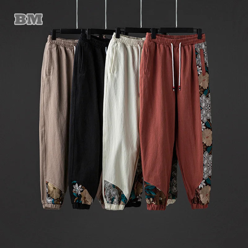 Chinese Style Patchwork Embroidery Loose Casual Harem Pants Ethnic Style Plus Size Joggers Men Clothing Harajuku Trousers Male