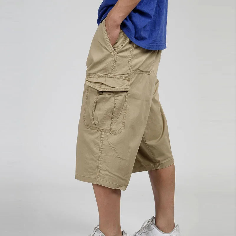 2023 Men Summer Multi-Pocket Baggy Cargo Cotton Calf Length Pants Casual Trouser Male Large Solid Color Shorts Plus Size Xl-6Xl - reetell