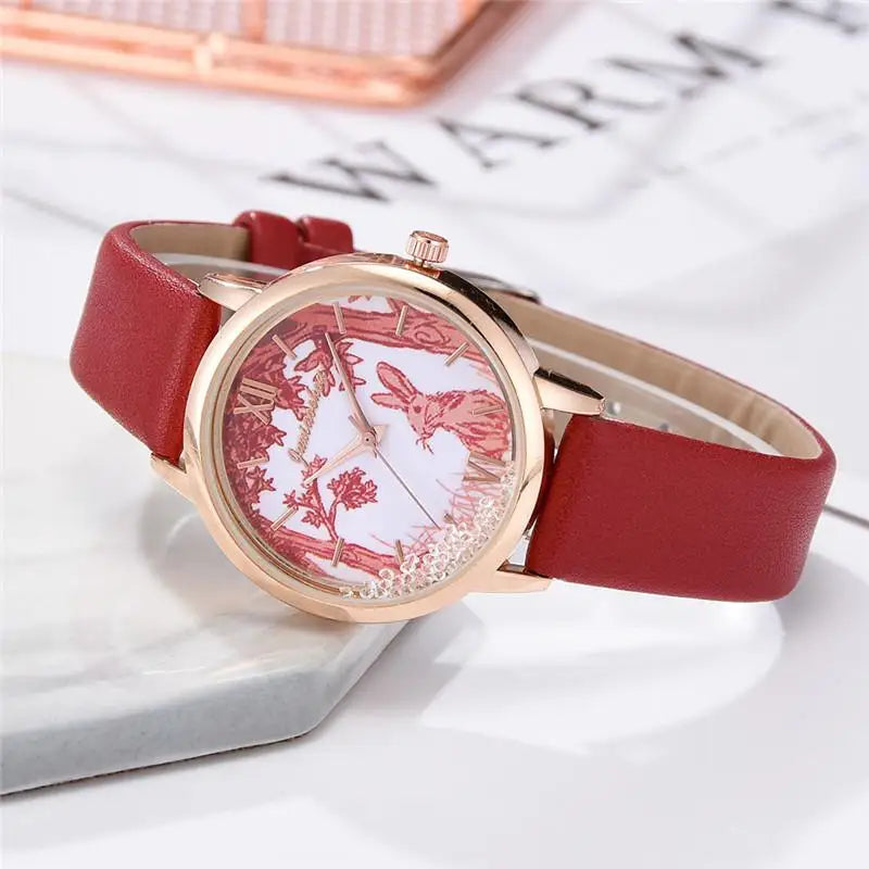 Luxury Rhinestones Women Watches Fashion Rabbit Pattern Dial Design Ladies Wristwatches Qualities Female Quartz Leather Watch