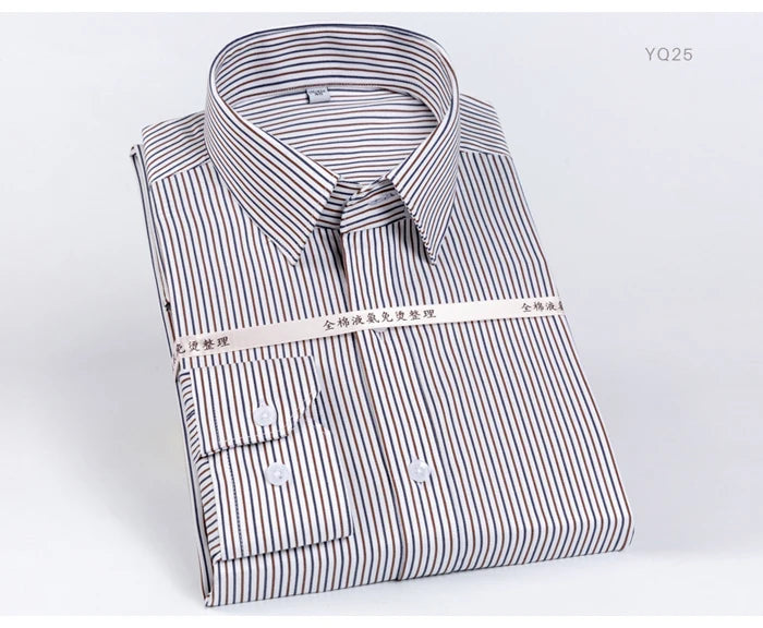 Men's Classic Striped Printed Wrinkle-Resistant Dress Shirts 100% Cotton Regular-Fit Formal Business Long-Sleeve Non-iron Shirt