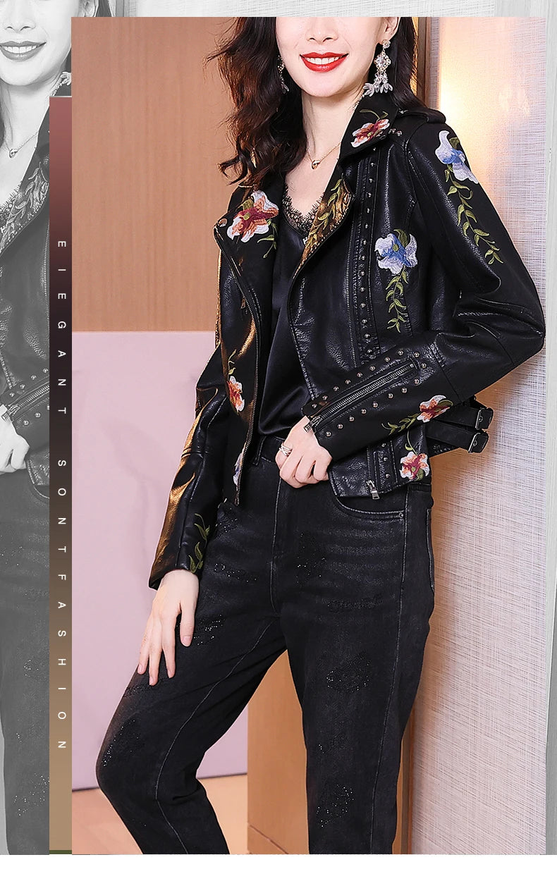 FTLZZ New Spring Autumn Women Biker Leather Jacket  Floral Print Embroidery Pu Leather Jacket Turn-down Collar Zipper Jacket