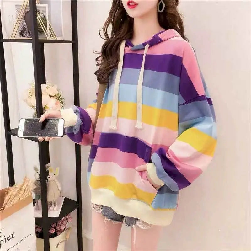 Womens Hoodies Rainbow Striped Long-sleeved T-shirt Spring Autumn New Loose Thin Casual Oversized Hooded Sweatshirt Women Tops - reetell