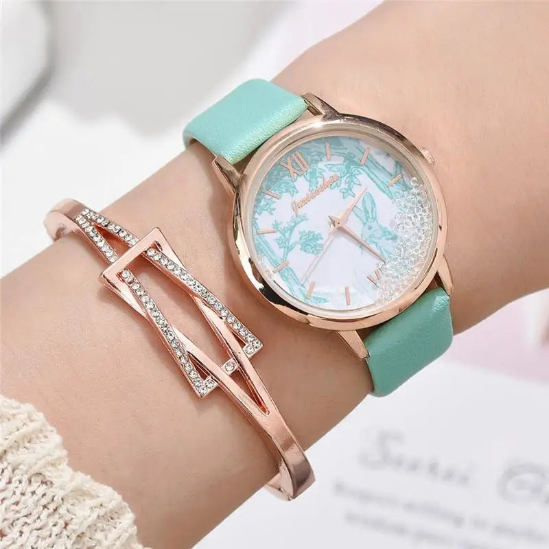 Luxury Rhinestones Women Watches Fashion Rabbit Pattern Dial Design Ladies Wristwatches Qualities Female Quartz Leather Watch