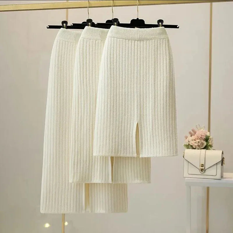 50-60-70 CM Fashion Autumn Winter Korean Knitted Women Skirts Elastic High Waist Split A-line Female Sexy Ribbed Skirts - reetell