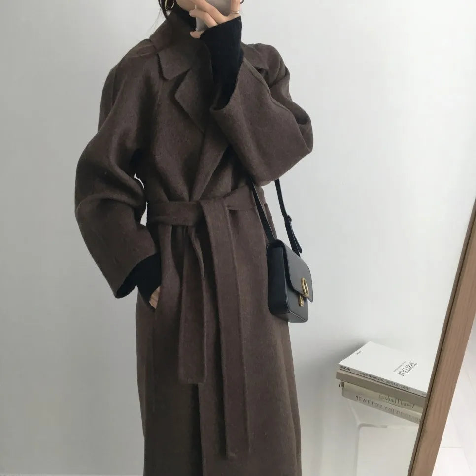 JXMYY French Lazy Style Warm Female Fresh Winter 2024 Classical Belt Retro Loose Women Woolen Coats Chic Casual Long Coat Long - reetell