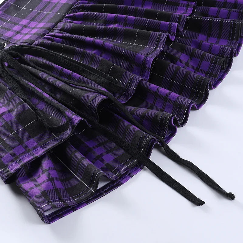 Vintage Y2K Punk Sexy High Waist Mini Skirts Purple Plaid Bandage Harajuku Aesthetic Skirt Goth Grunge Cake Skirt Streetwear - reetell