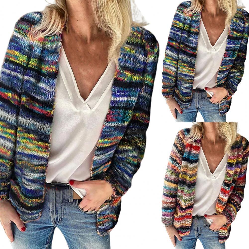 2021 New Women Sweater Rainbow Stripes Temperament Autumn Winter Long Sleeve Knitted Cardigan Coat for Office - reetell