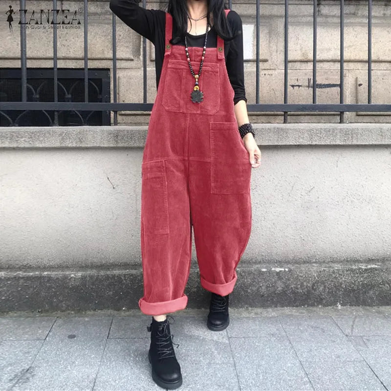 Kaftan Corduroy Overalls Women's Spring Jumpsuits ZANZEA 2023 Casual Suspender Harem Pants Female Solid Rompers Femme Oversize