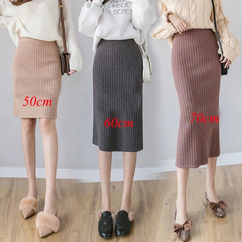 50-60-70 CM Fashion Autumn Winter Korean Knitted Women Skirts Elastic High Waist Split A-line Female Sexy Ribbed Skirts - reetell