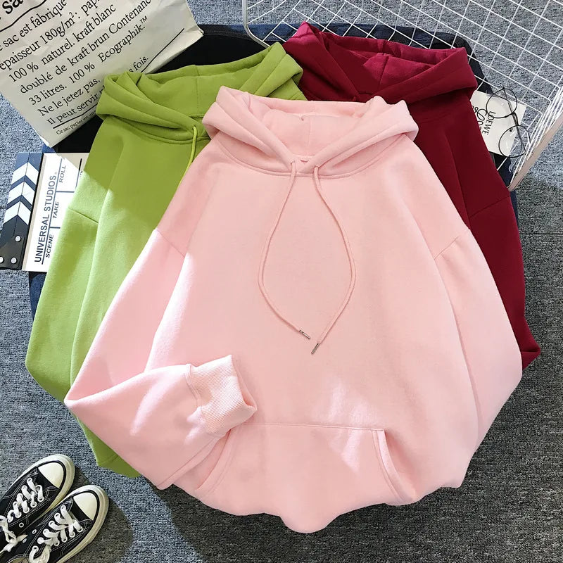 Zuolunouba Autumn And Winter Solid Color Plus Velvet Thickening Female Hoodie Casual Loose Drawstring Pocket Women Sweatshirt - reetell