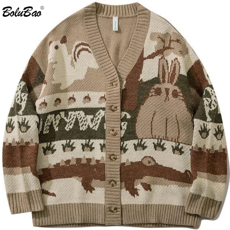 BOLUBAO Vintage Cardigan Oversized Sweater Men Pullover Hip Hop Streetwear Loose Knitwear Harajuku Cartoon Knitted Sweater Male - reetell