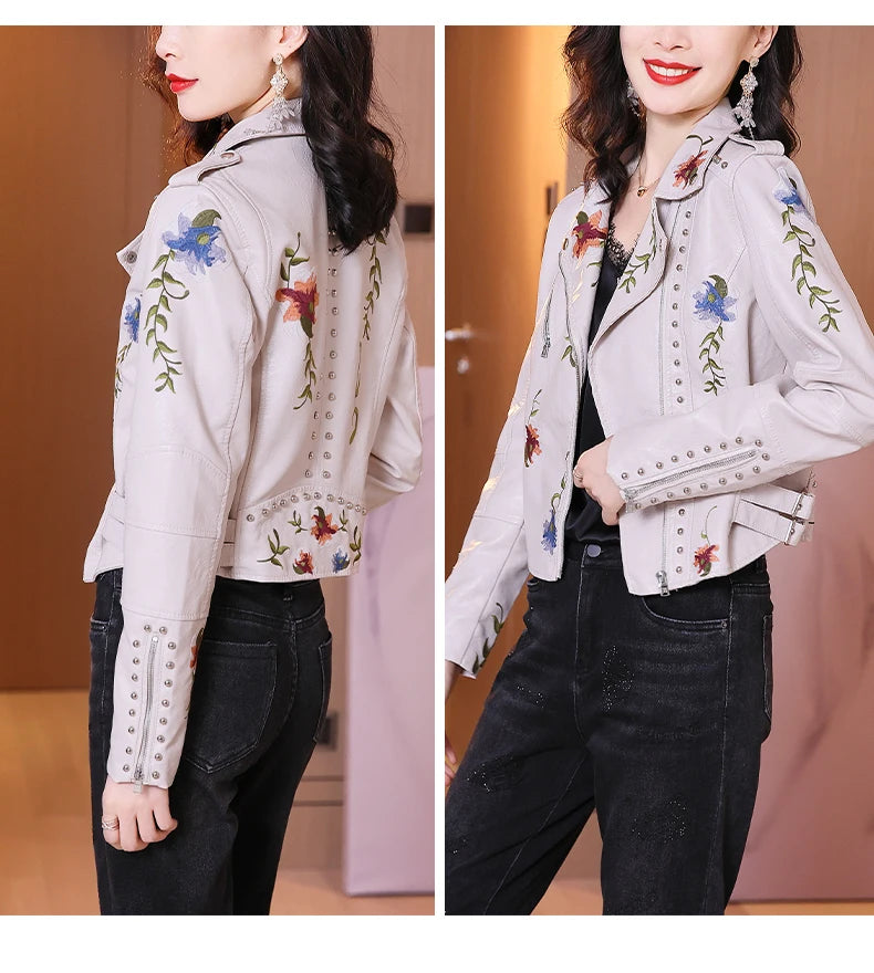 FTLZZ New Spring Autumn Women Biker Leather Jacket  Floral Print Embroidery Pu Leather Jacket Turn-down Collar Zipper Jacket