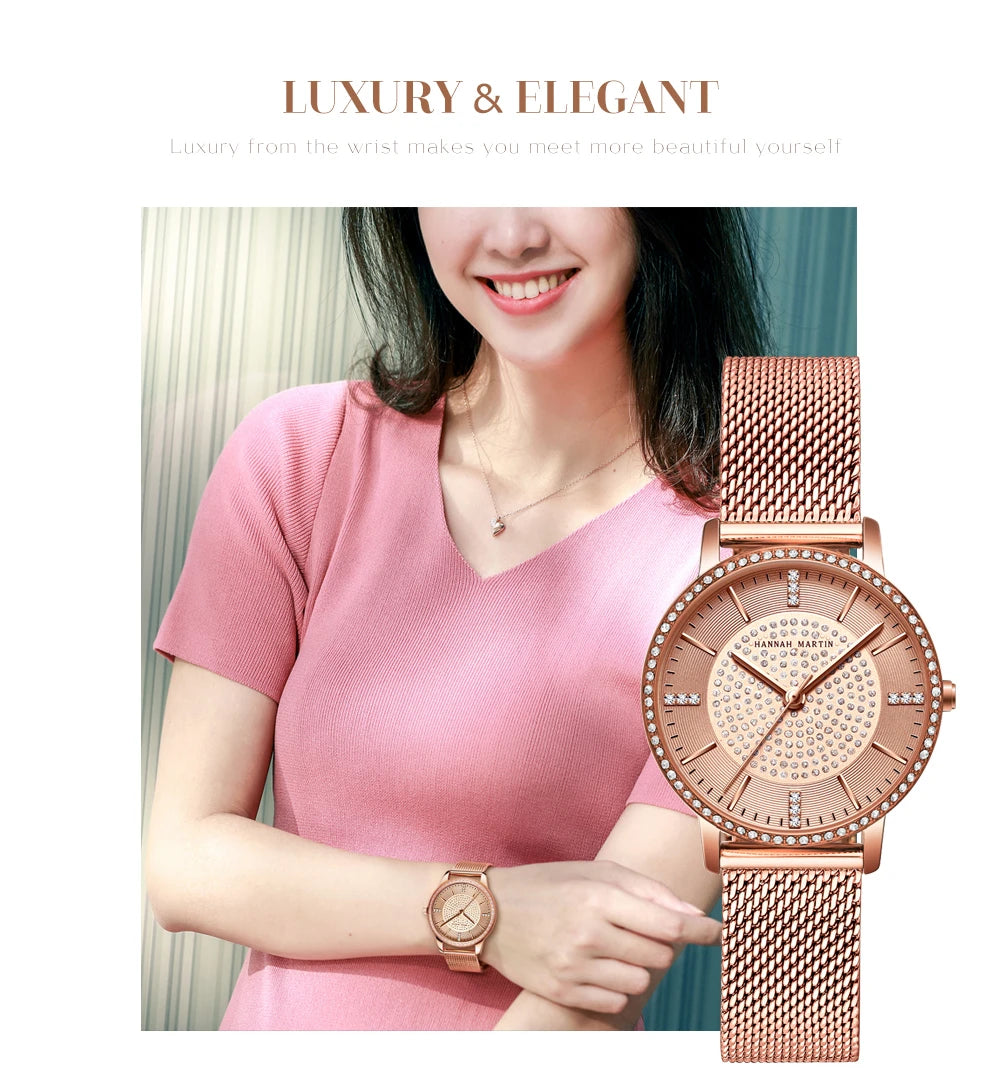 Hot Sale Full Solid Stainless Steel Strap Japan Movement Rose Gold Diamonds Women Rhinestones Wristwatches Female Quartz Watch