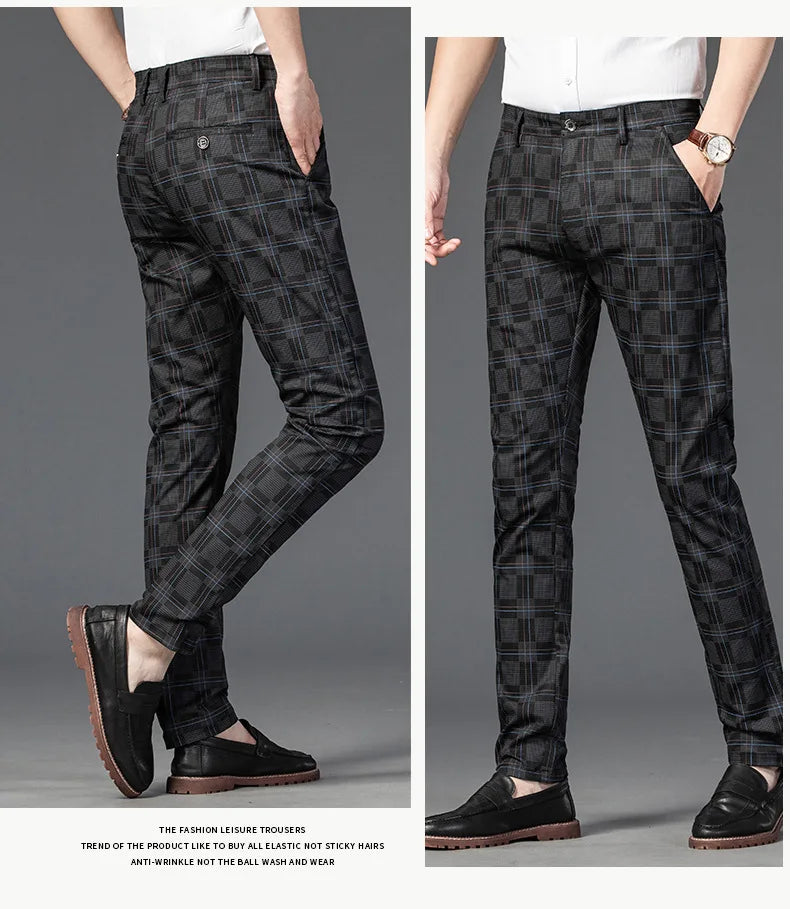 2022 Spring Summer Casual Pants Men Fashion Korean Streetwear Men's Straight Slim Fit Pants Trousers Black Plaid Suit Pants Men - reetell