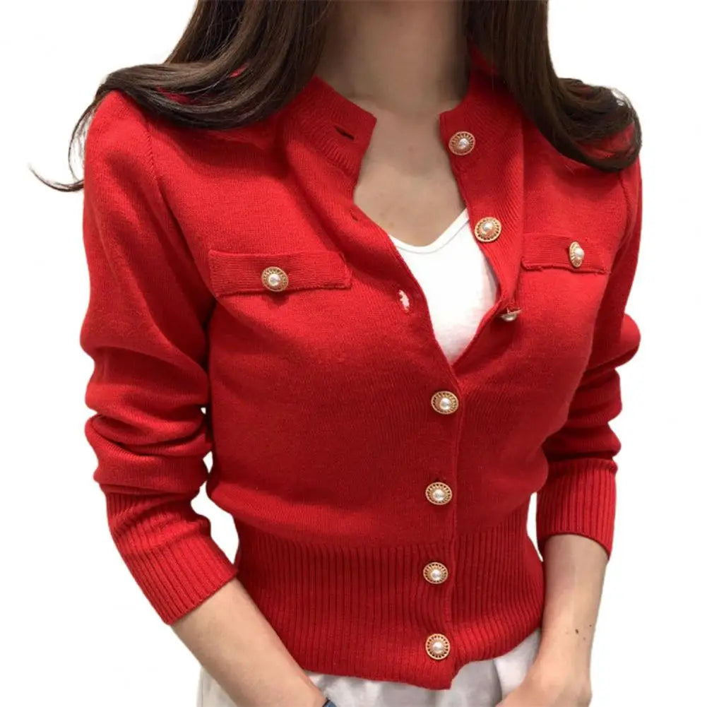 Women Cardigan Sweater Decorative Pockets Faux Pearl Buttons Knitted Coat Short Single Breasted Korean Slim Chic Ladies Tops - reetell