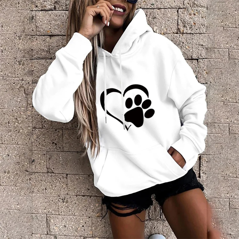 Women's Fashion Hoodie Loose Oversized Long Sleeve Sweatshirts Black Love Footprint Printed Clothing Ladies Harajuku Pullover - reetell