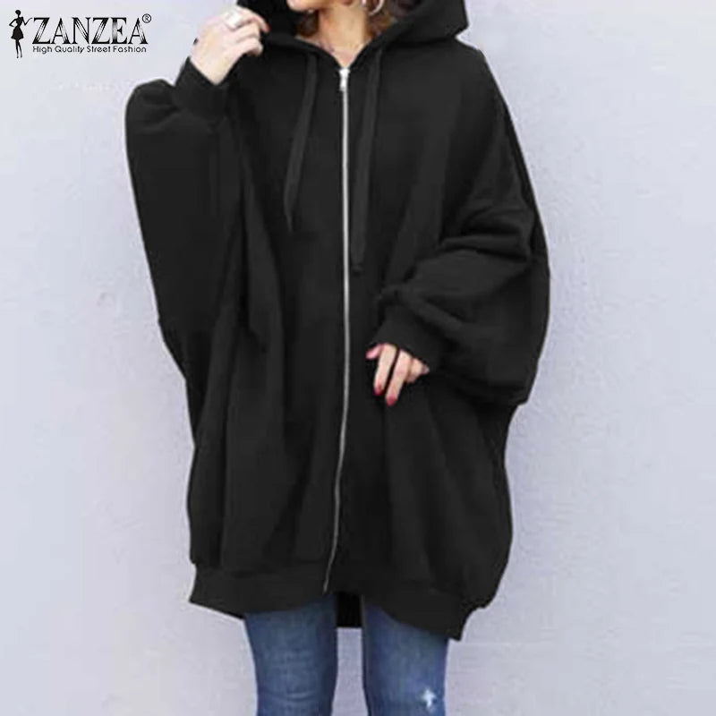 ZANZEA Fashion Oversize Coats Women Autumn Long Sleeve Sweatshirts Female Casual Elegant Loose Outwear Hooded Hoodies 2023 - reetell