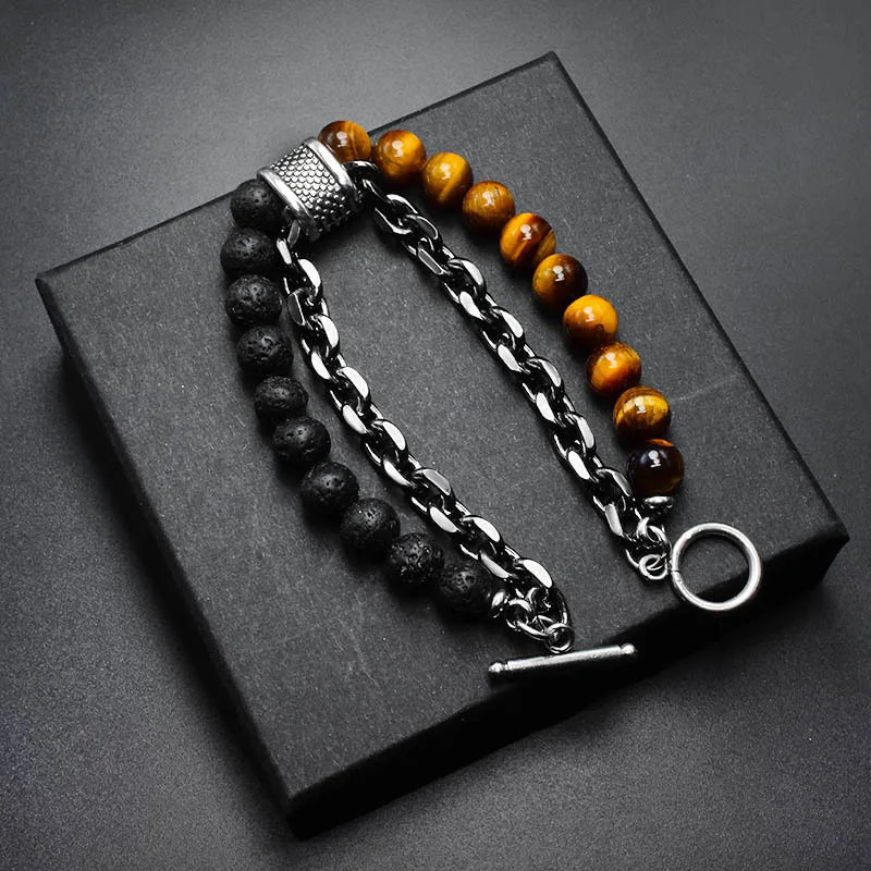 New 2020 Men's Tiger Eye Stone Beaded Bracelet Stainless Steel Gunmetal Link Chain Yoga Bracelet Male Jewelry Dropshipping