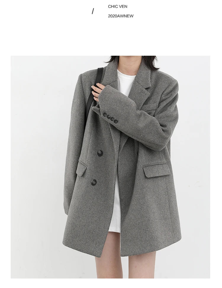 CHIC VEN Women Wool Blend Coat Solid Mid Long Woolen Blazer Thick Warm Blouse Women's Overcoat Office Lady Tops Autumn Winter - reetell