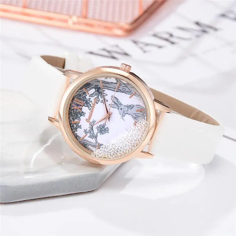 Luxury Rhinestones Women Watches Fashion Rabbit Pattern Dial Design Ladies Wristwatches Qualities Female Quartz Leather Watch