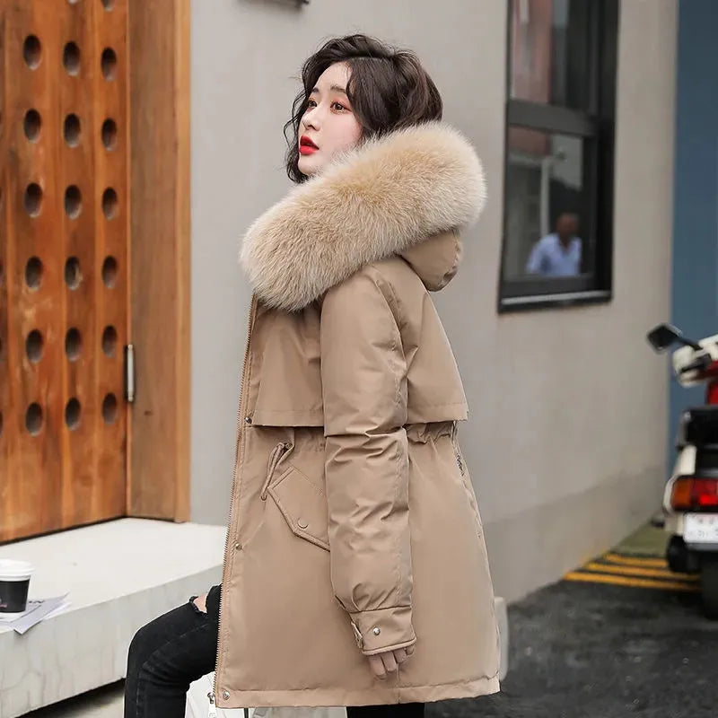 2023 New Winter Jacket Women Parka Fashion Long Coat Wool Liner Hooded Parkas Slim With Fur Collar Warm Snow Wear Padded Clothes - reetell