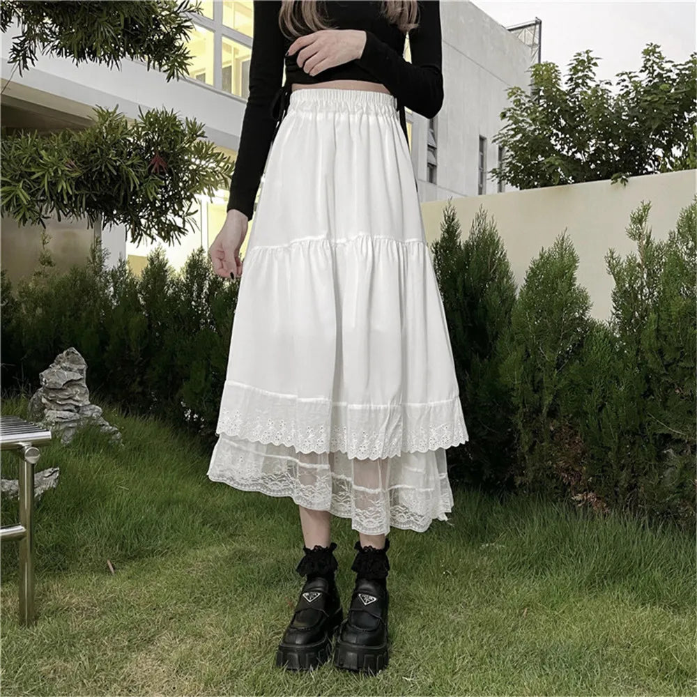 Y2k Gothic Tulle Pleated Skirt Black Lace Stitching Irregular Midi Skirt Women Vintage High Waist Long Skirt Korea Solid Hip Hop - reetell