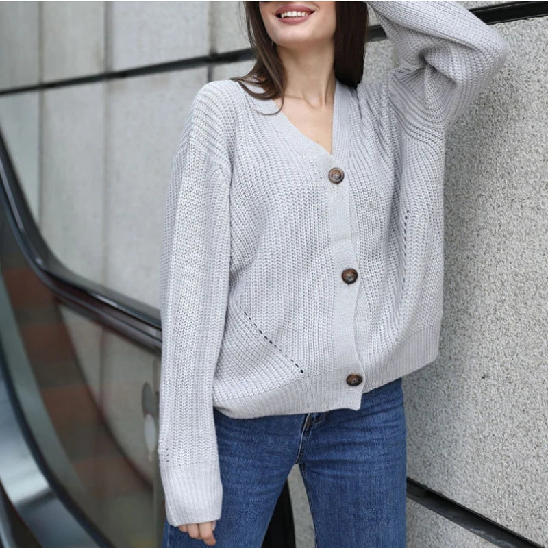 NEW Fashion Women Knitted Cardigans Sweater Fashion Autumn Long Sleeve Loose Coat Casual Button Thick V Neck Solid Female Tops - reetell