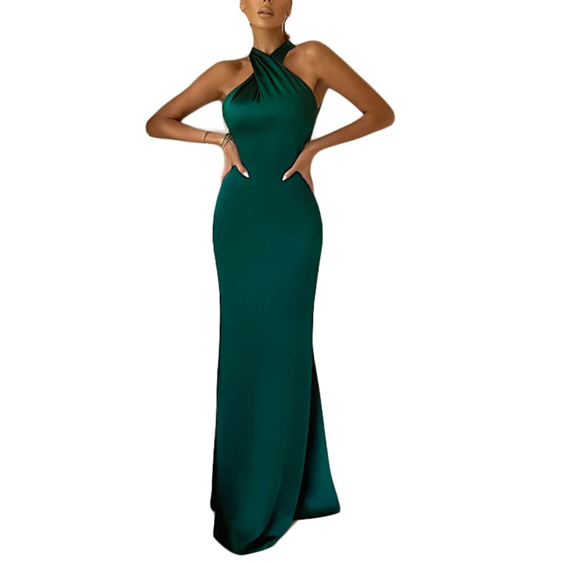 Halter Dresses Women Solid Color Long Dress Cross Halter Backless Ball Gown Cocktail Party Evening Dresses - reetell