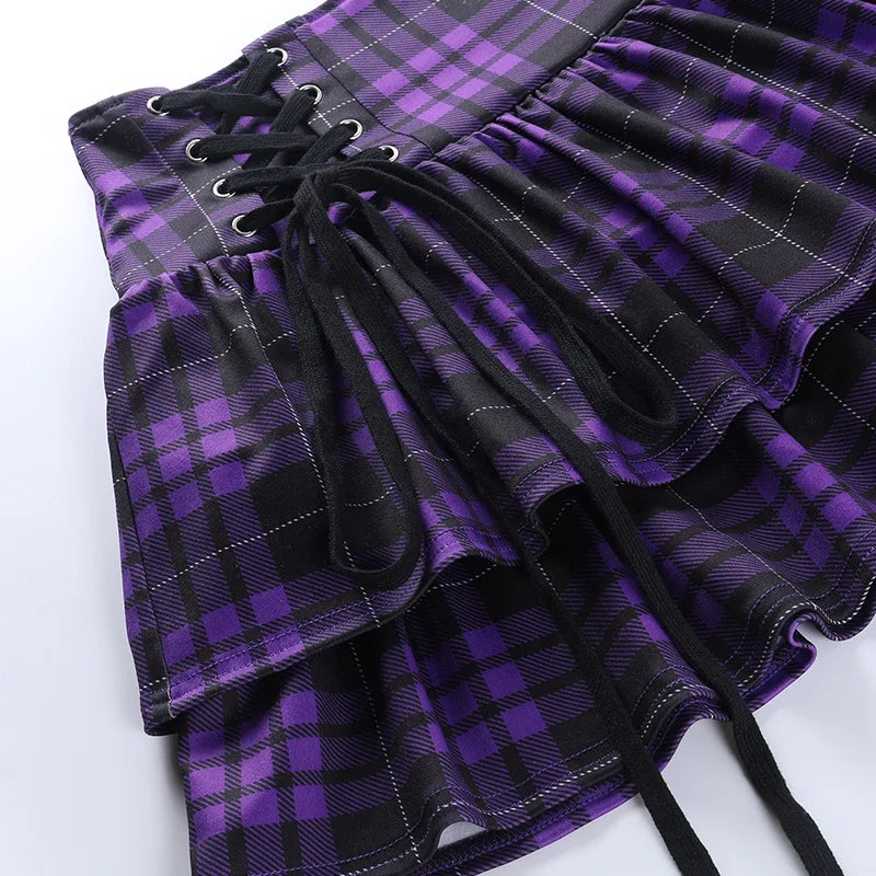 Vintage Y2K Punk Sexy High Waist Mini Skirts Purple Plaid Bandage Harajuku Aesthetic Skirt Goth Grunge Cake Skirt Streetwear - reetell