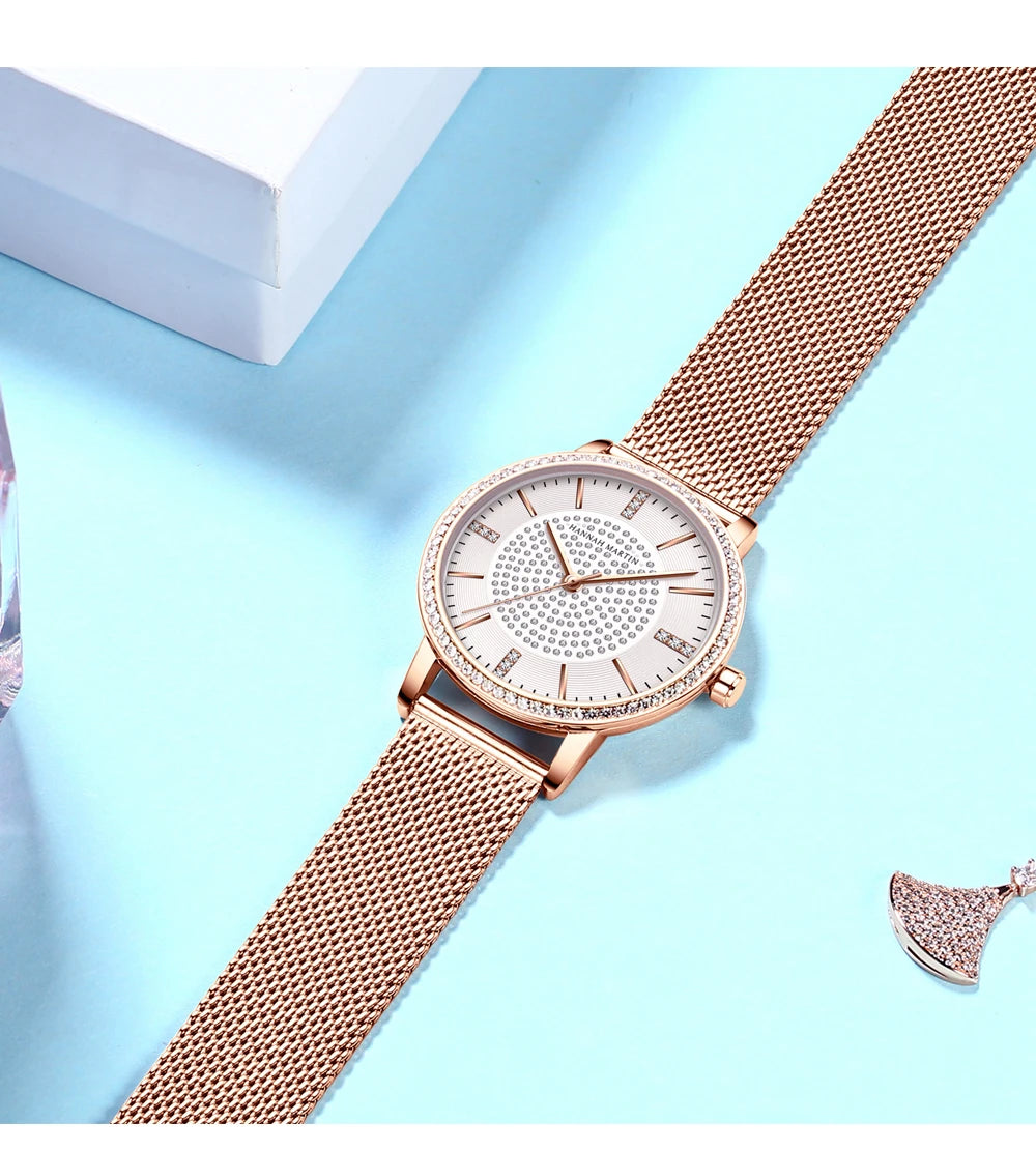 Hot Sale Full Solid Stainless Steel Strap Japan Movement Rose Gold Diamonds Women Rhinestones Wristwatches Female Quartz Watch