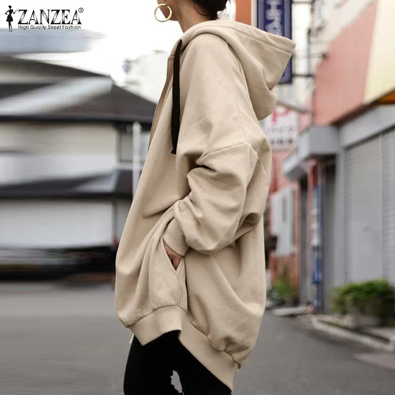 ZANZEA Fashion Oversize Coats Women Autumn Long Sleeve Sweatshirts Female Casual Elegant Loose Outwear Hooded Hoodies 2023 - reetell