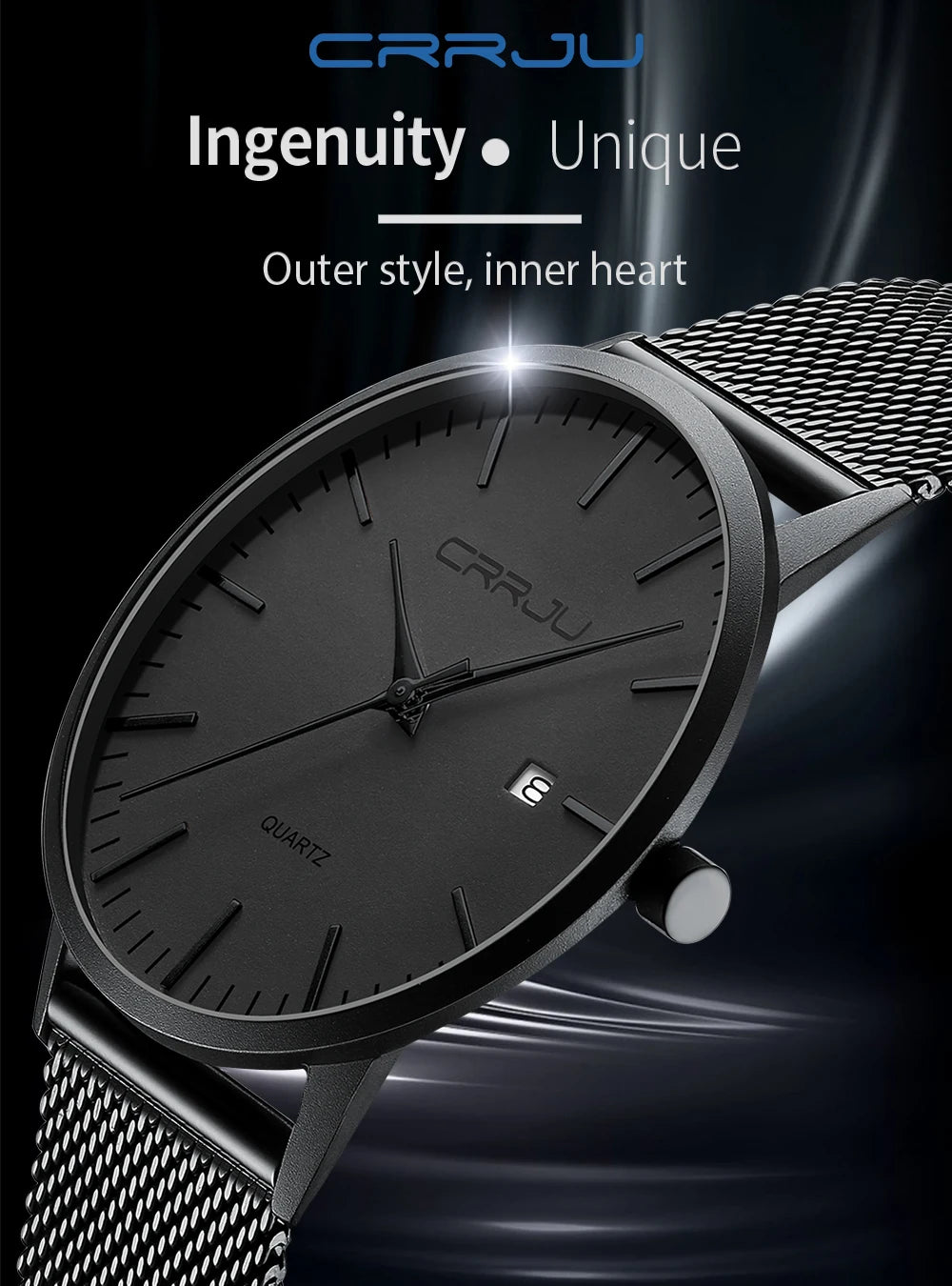 CRRJU Fashion Mens Watches Ultra Thin Quartz Watch Men Casual Slim Mesh Steel Waterproof Sport Watch Black Relogio Masculino