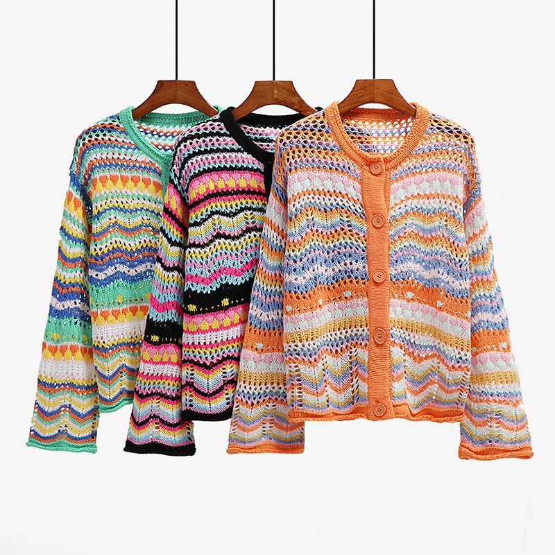 Fitshinling Bohemian Cardigan Sweater Women Buttons Up Hollow Out Sexy Slim Jacket Female Autumn Striped Colorful Outerwear New - reetell