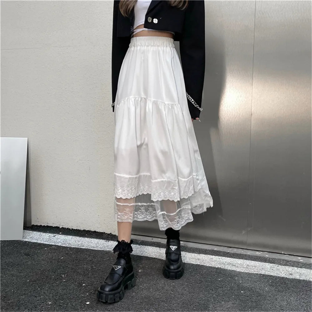 Y2k Gothic Tulle Pleated Skirt Black Lace Stitching Irregular Midi Skirt Women Vintage High Waist Long Skirt Korea Solid Hip Hop - reetell