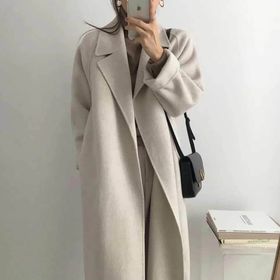 JXMYY French Lazy Style Warm Female Fresh Winter 2024 Classical Belt Retro Loose Women Woolen Coats Chic Casual Long Coat Long - reetell