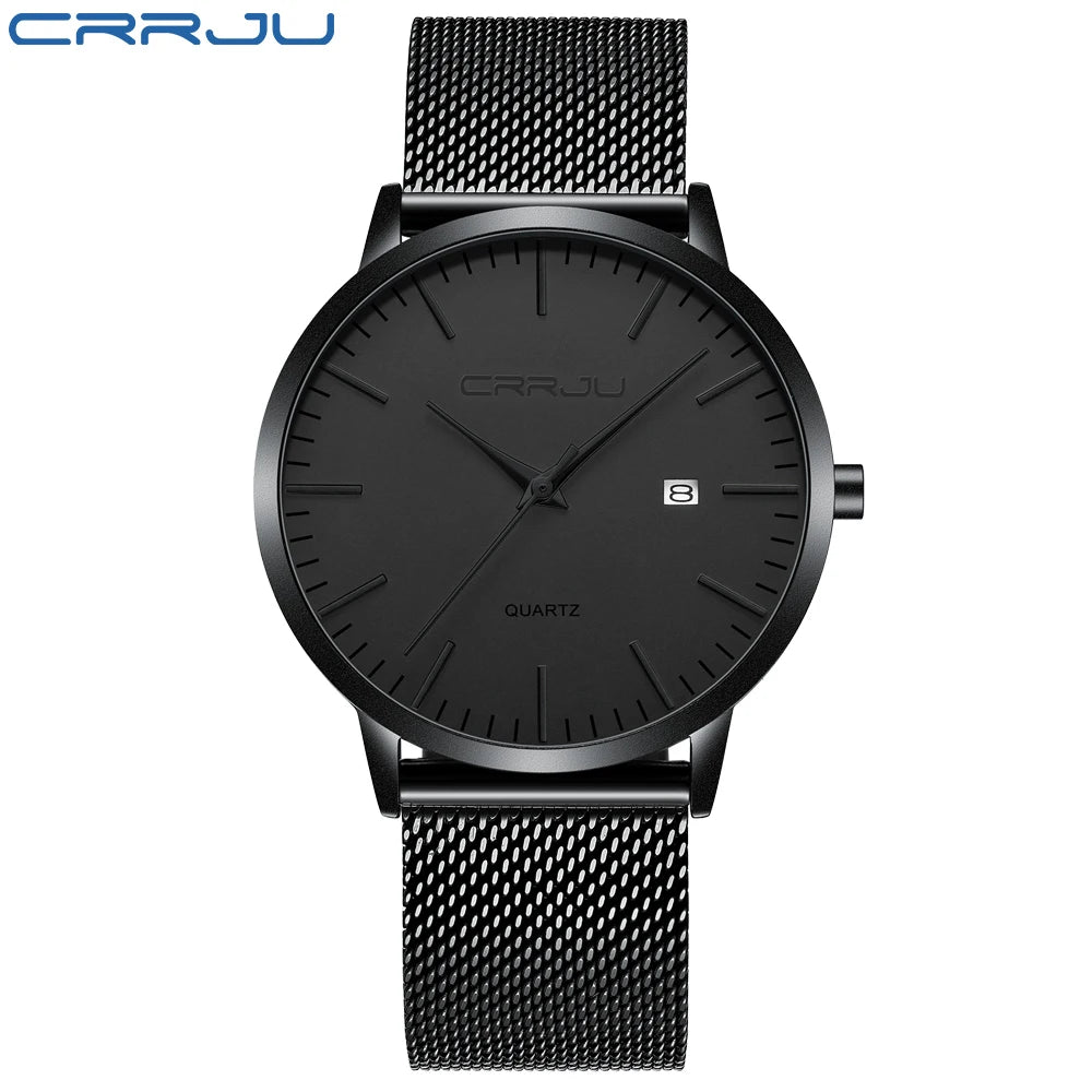 CRRJU Fashion Mens Watches Ultra Thin Quartz Watch Men Casual Slim Mesh Steel Waterproof Sport Watch Black Relogio Masculino