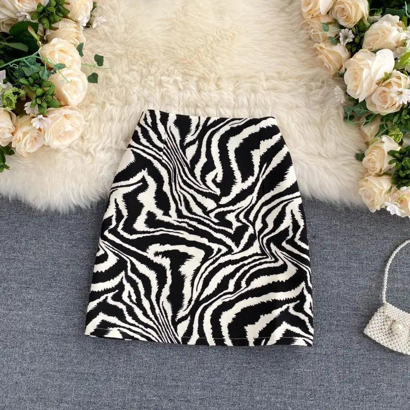 Korean Zebra Print Midi Skirt Women Autumn New Female A-line High Waist Loose Skirts Vintage Mini Skirt - reetell