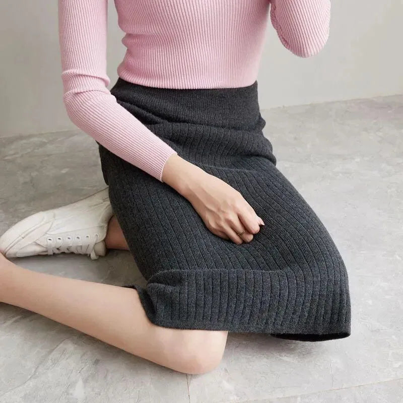 50-60-70 CM Fashion Autumn Winter Korean Knitted Women Skirts Elastic High Waist Split A-line Female Sexy Ribbed Skirts - reetell