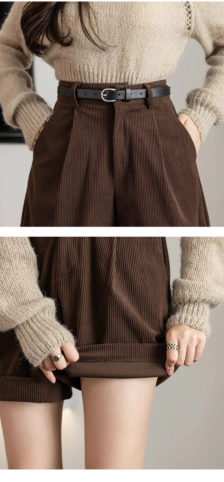 Streetwear Winter Corduroy Shorts Women Casual Loose Wide Leg Woolen Shorts With Belt High Waist Short Femme Black Khaki Brown - reetell