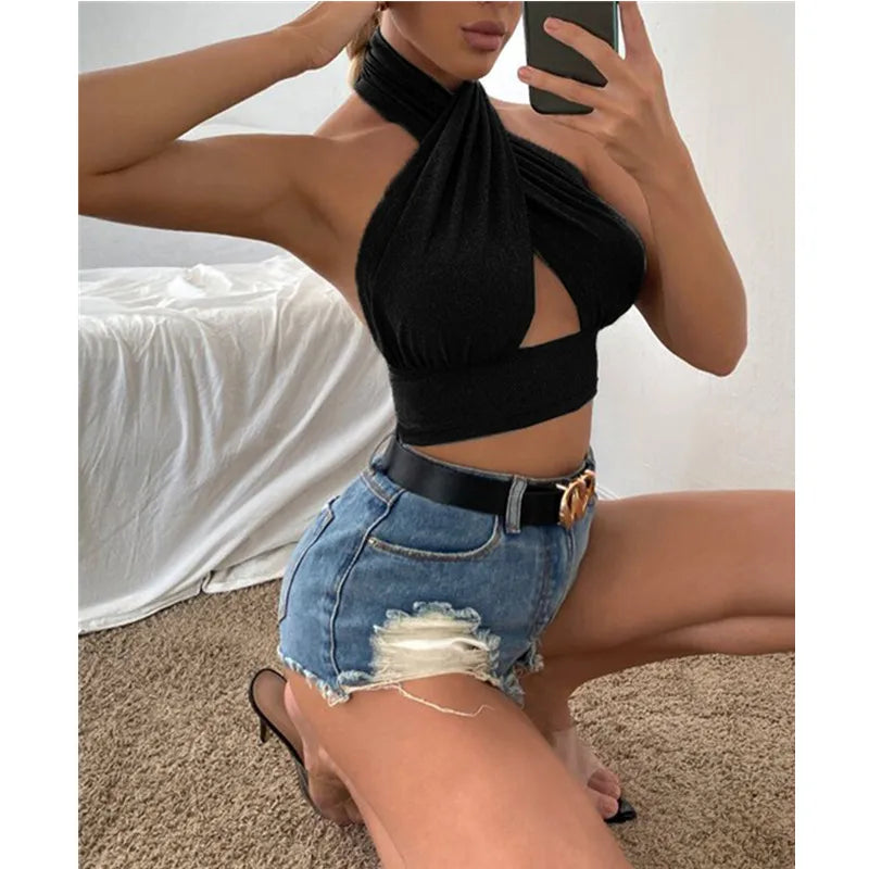 Women Summer Tank Tops Solid Cross Halter Camis Backless Crop Tops Female Camisole Cropped Top Slim Sleeveless Streetwear - reetell