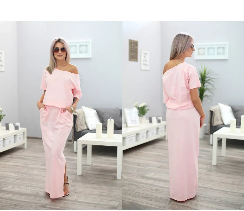 Sexy Slash neck Side Split Loose Dress Women Summer Long Maxi Dress Short Sleeve Evening Party Dress - reetell