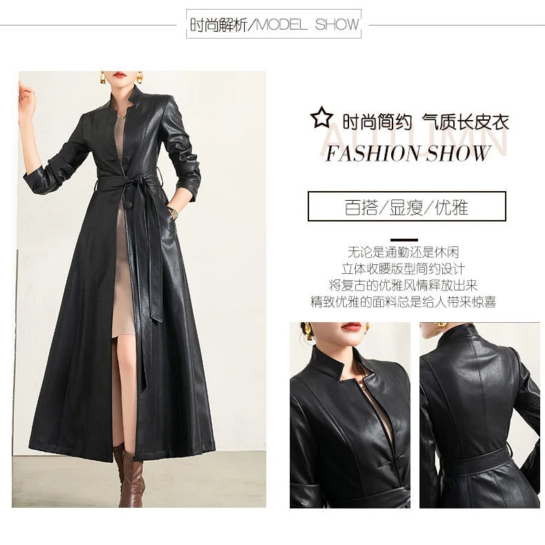 Lautaro Spring Autumn Long Black Soft Waterproof Faux Leather Coat Women Belt Long Sleeve Single Breasted Luxury Fashion 2022