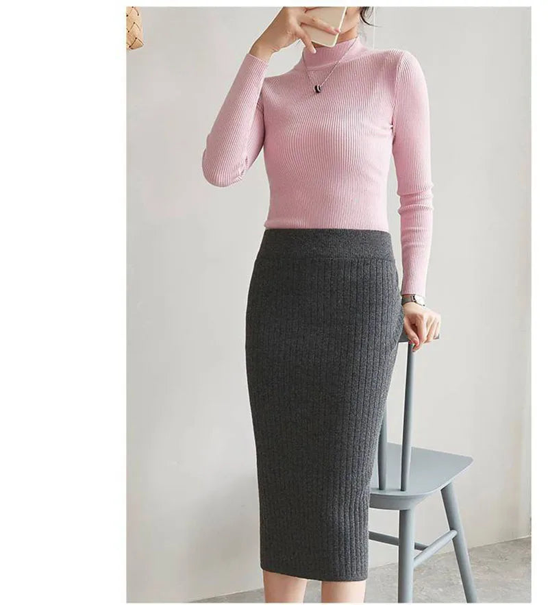 50-60-70 CM Fashion Autumn Winter Korean Knitted Women Skirts Elastic High Waist Split A-line Female Sexy Ribbed Skirts - reetell