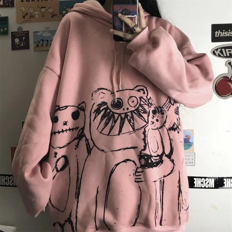 QWEEK Goth Harajuku Hoodie Punk Anime Oversized Sweatshirt Graffiti Hoodies Women Cartoon Print Hoodie 2021 Streetwear Women - reetell